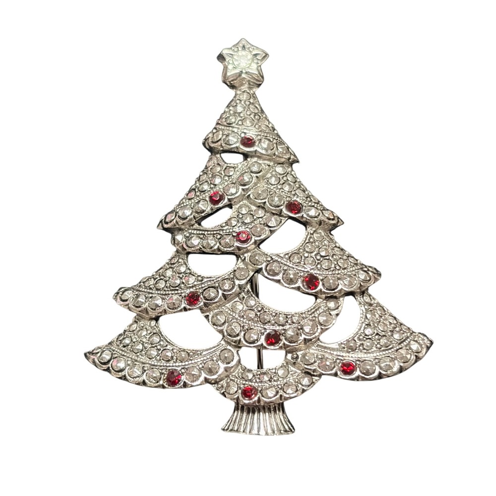 Vintage Avon Christmas Tree Brooch Silver Tone Red Rhinestone Holiday Pin Star